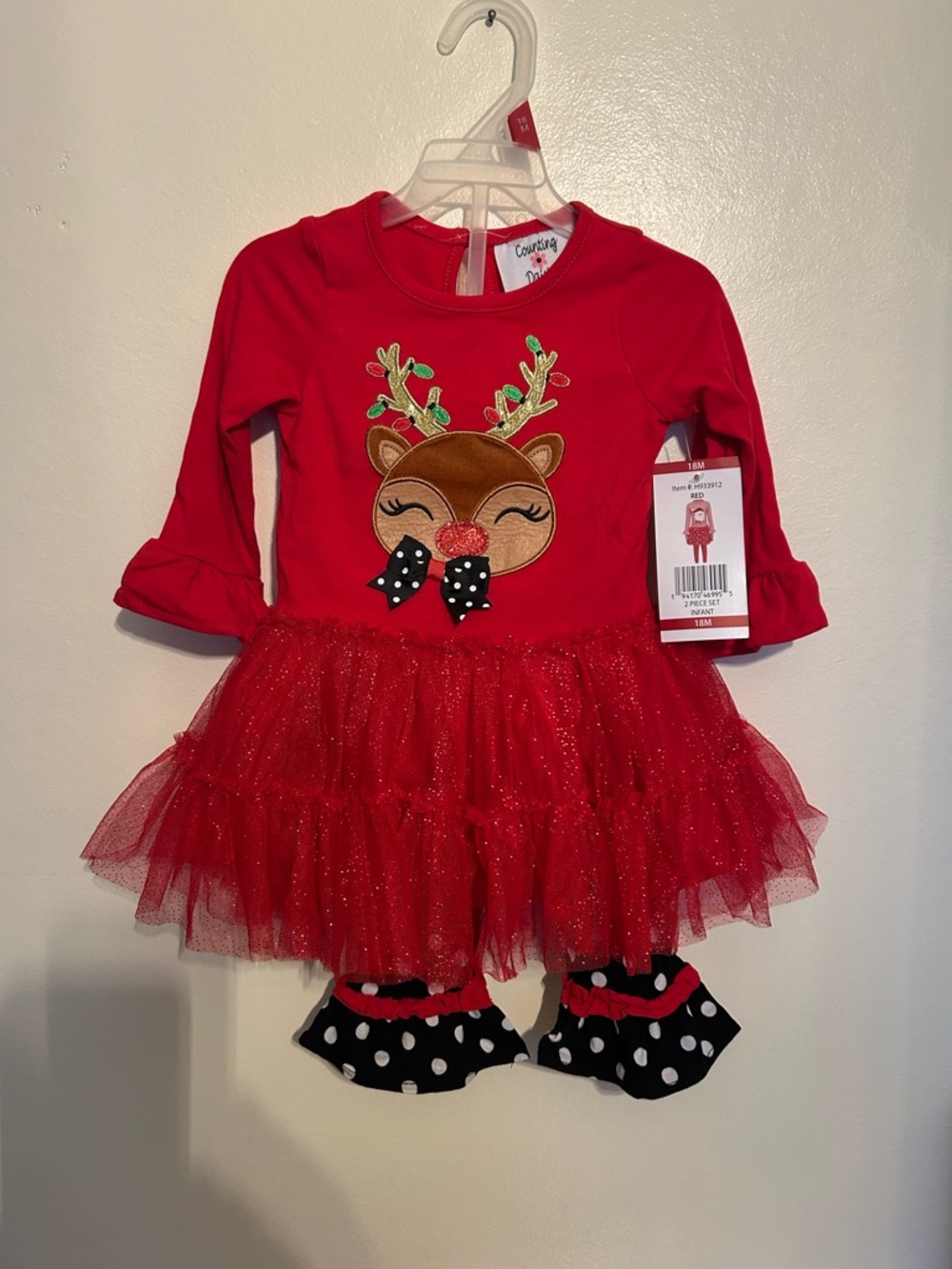 Red Sparkle Reindeer Tulle Dress with Bow Accent